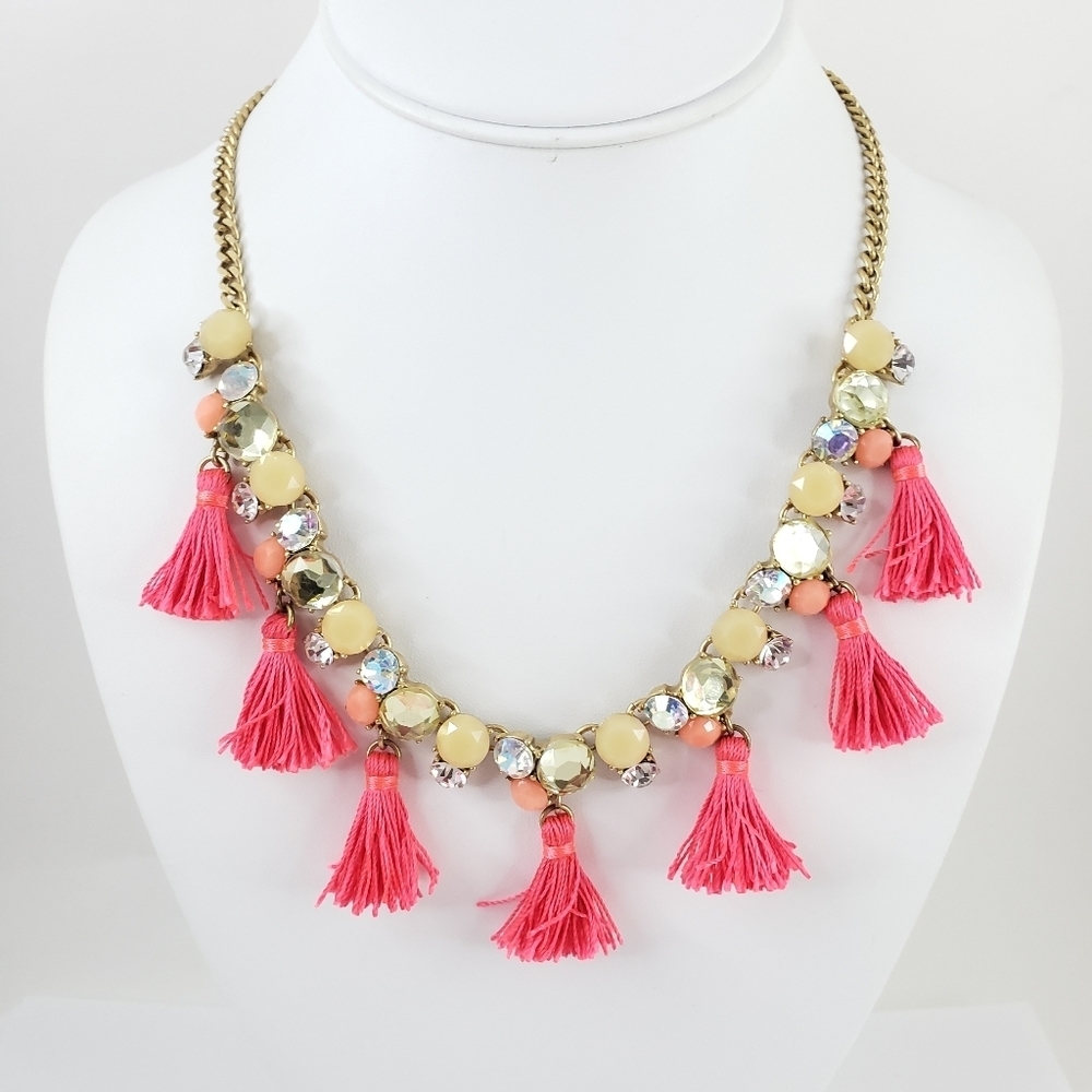 J. Crew necklace pink tassels aurora borealis rhinestones A0302 - Picture 2 of 11